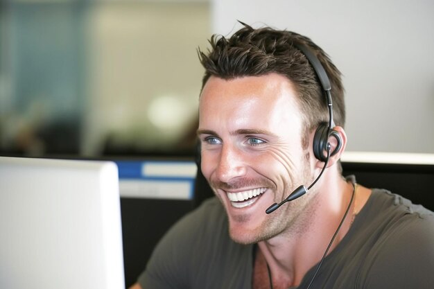 Un hombre estadounidense sonriente sentado en su escritorio con auriculares trabajando en un centro de llamadas