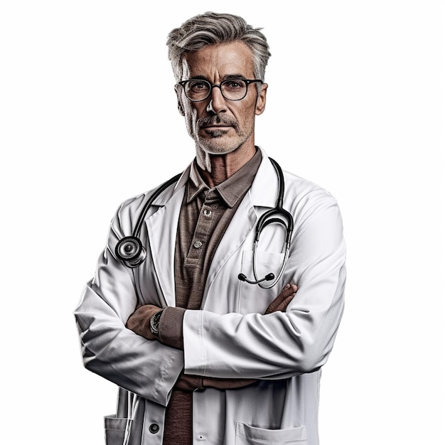 Un hombre con un estetoscopio en la camisa lleva una bata blanca de laboratorio.