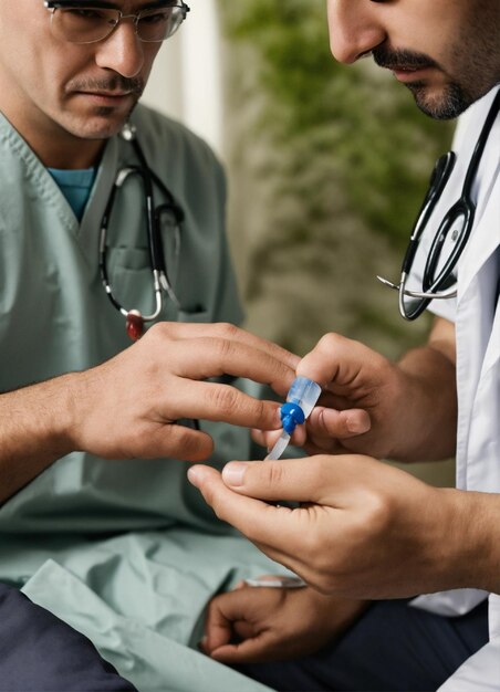 un hombre con un estetoscopio en el cuello está siendo sostenido por un médico