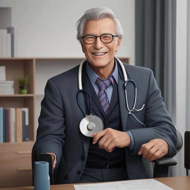 Un hombre con un estetoscopio en su abrigo está sonriendo con el doctor