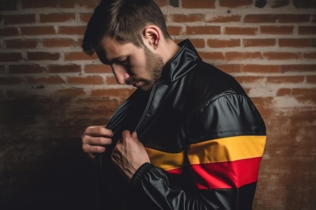 Hombre estirando la chaqueta para revelar la camisa con la bandera de Alemania