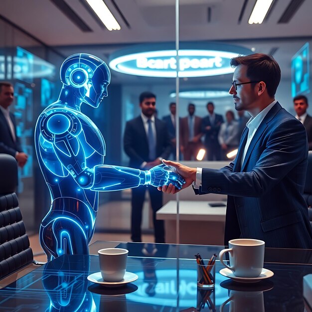 un hombre estrechando la mano con un robot estrechando la mano