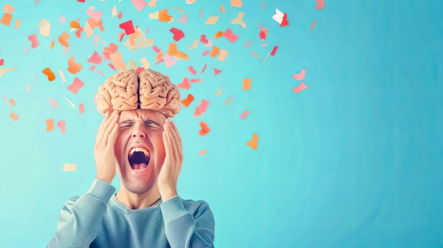 Hombre estresado con sobrecarga cerebral gritando salud mental y concepto de estrés cognitivo