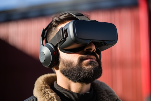 Foto hombre estudiante usuario de tecnología informática adicto hombre usando auriculares vr gafas de realidad virtual