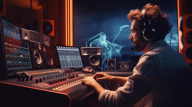 hombre del estudio de grabación en la consola frente a un monitor grande con auriculares