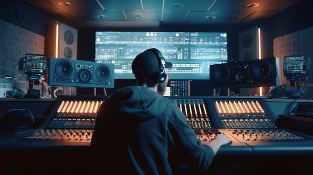 hombre del estudio de grabación en la consola frente a un monitor grande con auriculares