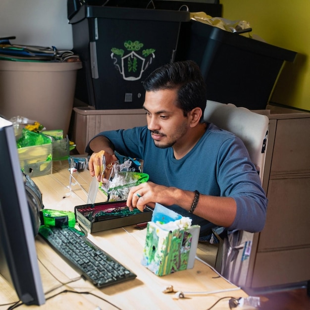 Hombre étnico latino estudiando desde casa durante Covid-19