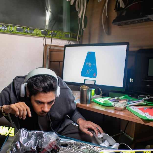 Hombre étnico latino estudiando desde casa durante Covid-19