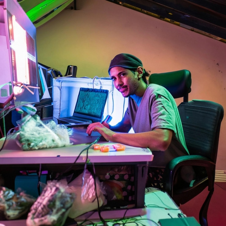 Foto hombre étnico latino estudiando desde casa durante covid-19
