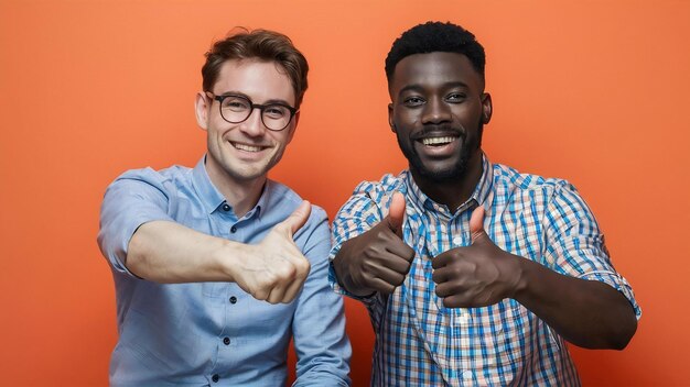 Hombre europeo y africano sonriendo y mostrando el pulgar el uno al otro