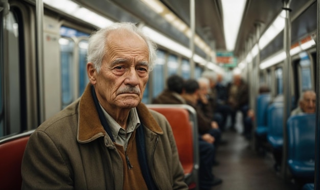 Hombre europeo anciano y triste en el transporte público