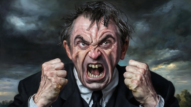 Hombre europeo furioso apretando los dientes y los puños con rabia trata de controlar sus emociones negativas