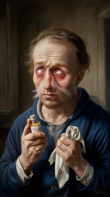 Foto hombre europeo hipersensible sufre de alergia tiene ojos rojos y hinchados inflamación de la nariz