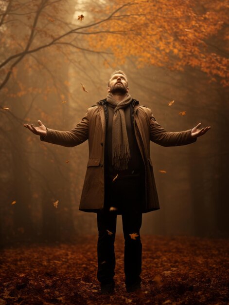 Hombre europeo en una pose emocional dinámica sobre un fondo de otoño