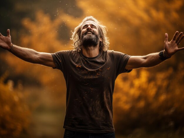 Hombre europeo en una pose emocional dinámica sobre un fondo de otoño