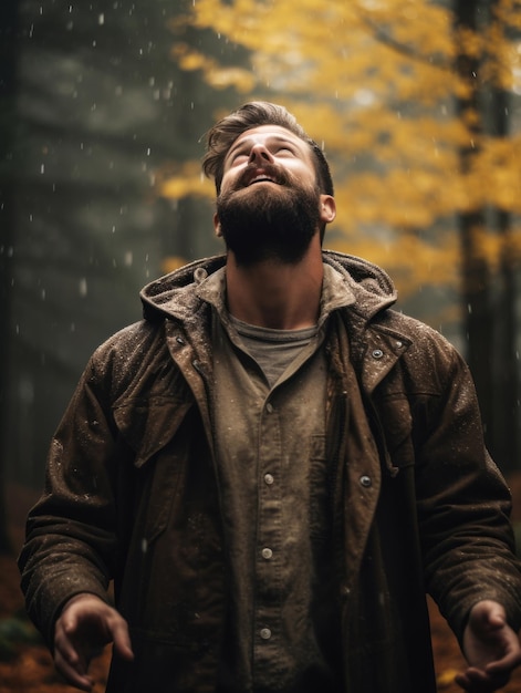 Hombre europeo en una pose emocional dinámica sobre un fondo de otoño