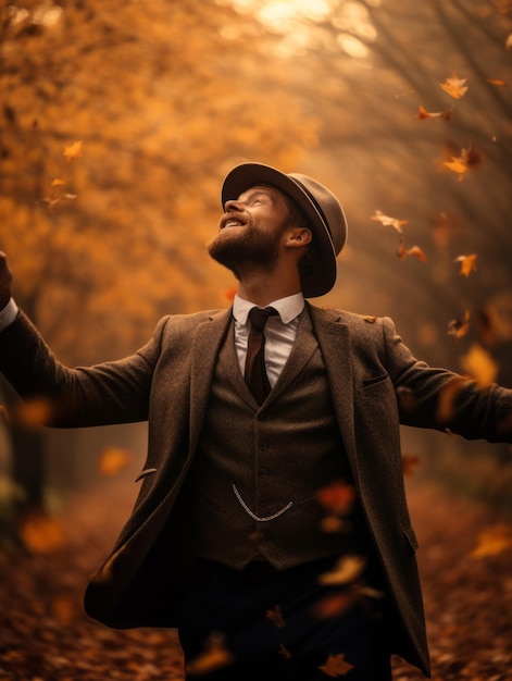 Hombre europeo en una pose emocional dinámica sobre un fondo de otoño