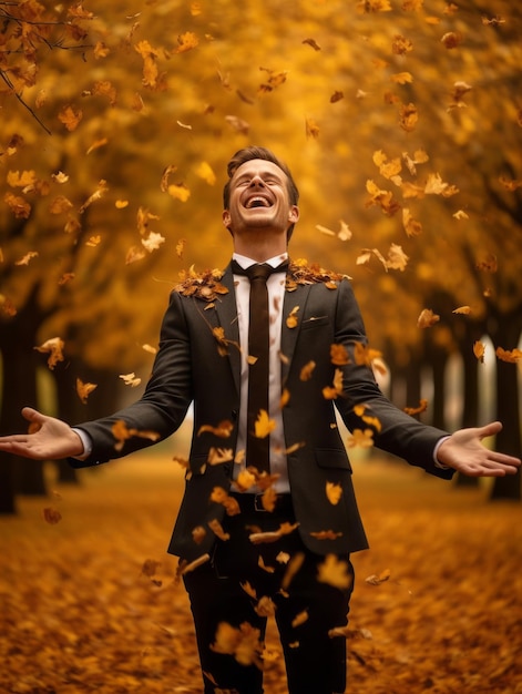 Foto hombre europeo en una pose emocional dinámica sobre un fondo de otoño