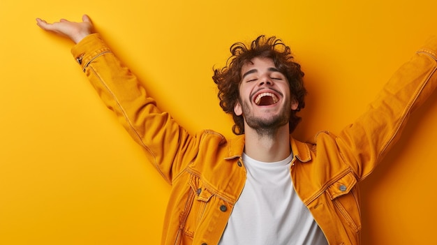 Hombre europeo que irradia felicidad y alegría aislado en un fondo sólido