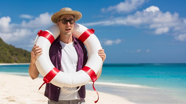 El hombre europeo sorprendido listo para ir a un lugar soleado en las vacaciones de verano lleva una boya salvavidas inflada