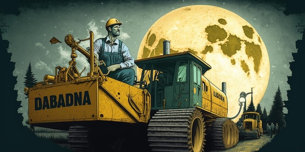 Un hombre en una excavadora con la luna al fondo.