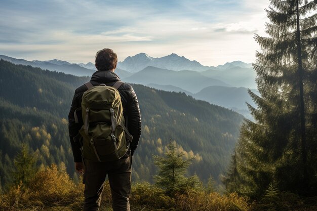 Hombre excursionista en el bosque con montañas en el horizonte