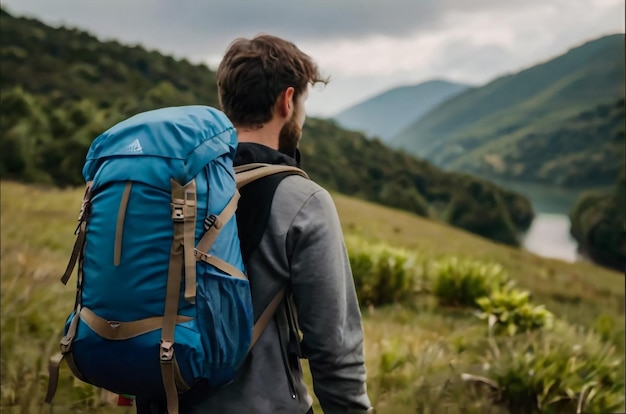 Hombre excursionista con una mochila en la espalda camina por un camino de montaña en clima lluvioso a través del bosque