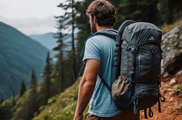 Hombre excursionista con una mochila en la espalda camina por un camino de montaña en clima lluvioso a través del bosque