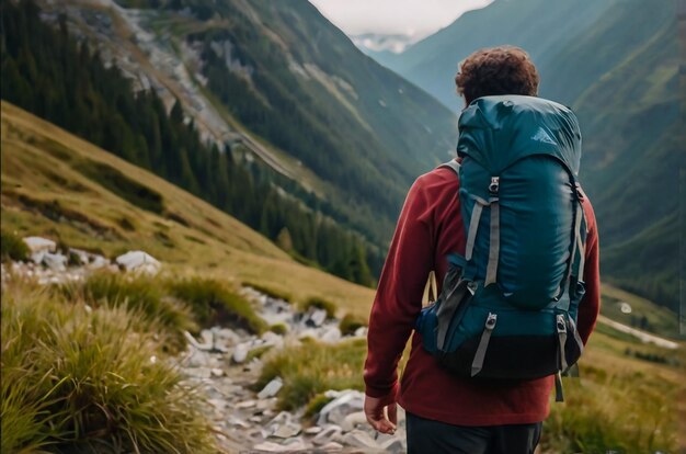 Hombre excursionista con una mochila en la espalda camina por un camino de montaña en clima lluvioso a través del bosque