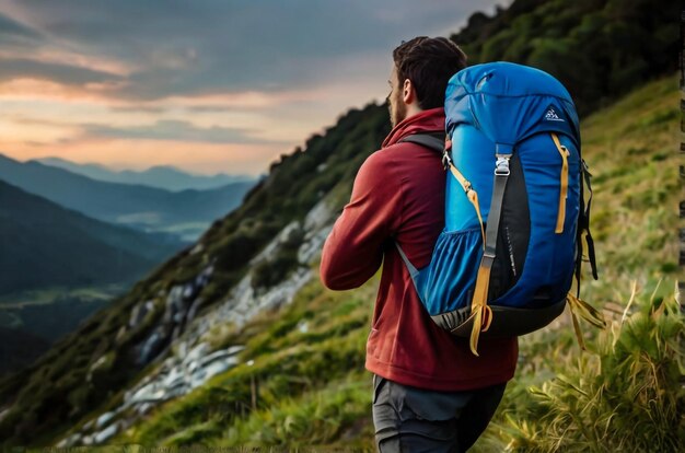 Hombre excursionista con una mochila en la espalda camina por un camino de montaña en clima lluvioso a través del bosque