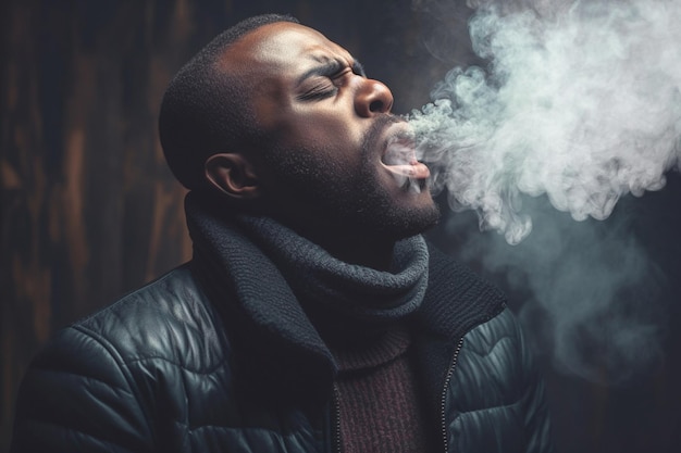 Un hombre exhalando humo con una expresión preocupada Lucha contra el tabaquismo Día Mundial Sin Tabaco