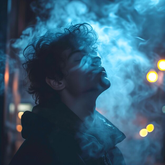 Hombre exhalando vapor o humo contra un fondo iluminado por neón por la noche