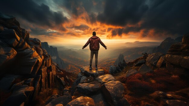 Hombre de éxito caminando en el pico de la montaña al amanecer