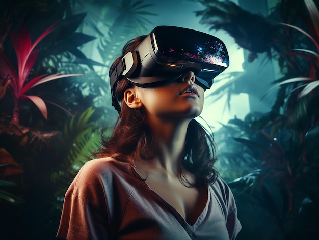 Hombre con experiencia de realidad virtual inmerso en un entorno VR de neón naranja