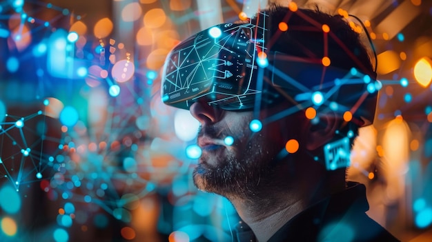 Hombre experimentando la realidad virtual en medio de una red digital