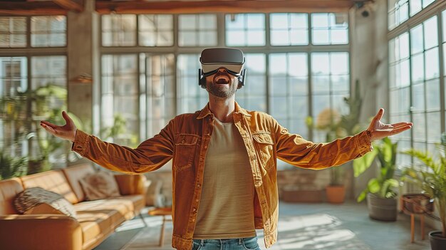 Hombre experimentando tecnología de realidad virtual en una habitación luminosa