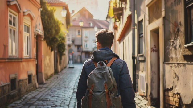 Hombre explorando un callejón histórico bañado en la cálida luz del sol