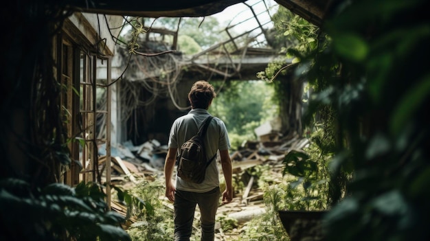 Hombre explorando un edificio en ruinas con ilustraciones de plantas y vides