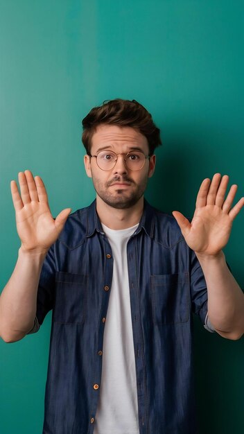 Foto el hombre extiende las palmas se siente sin idea e incierto no puede elegir usa gafas redondas camisa de denim