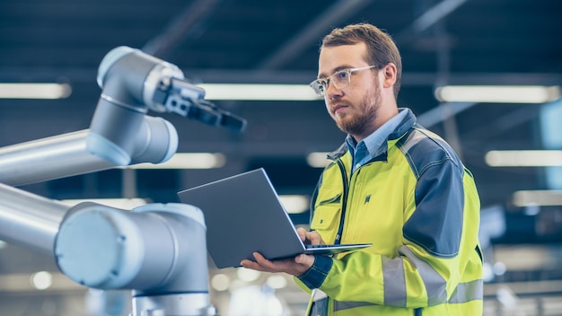 Un hombre en una fábrica mirando un robot.