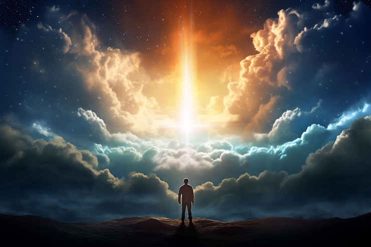 Foto el hombre de la fantasía se encuentra frente al cielo brillante