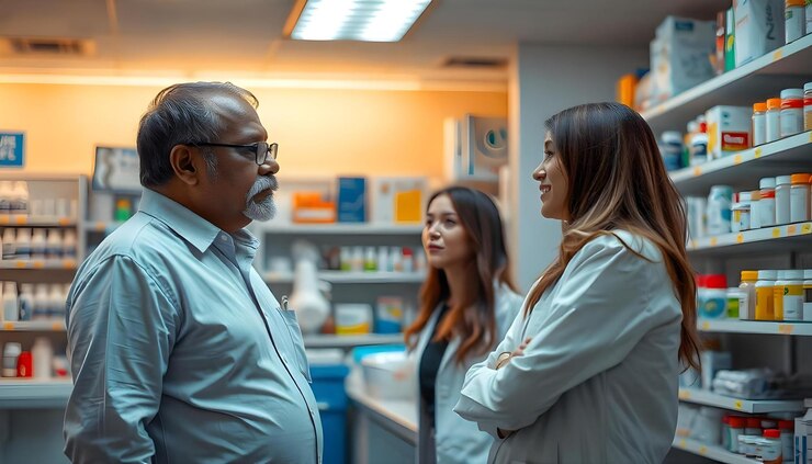 un hombre y un farmacéutico de pie y hablando frente a una farmacia
