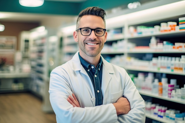 Un hombre en una farmacia con una bata blanca de laboratorio se para frente a un estante con medicamentos.