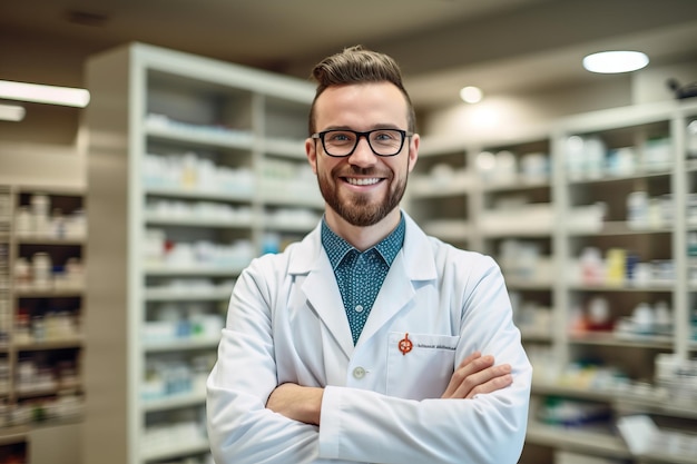 Un hombre en una farmacia con los brazos cruzados se para frente a estantes de medicamentos.