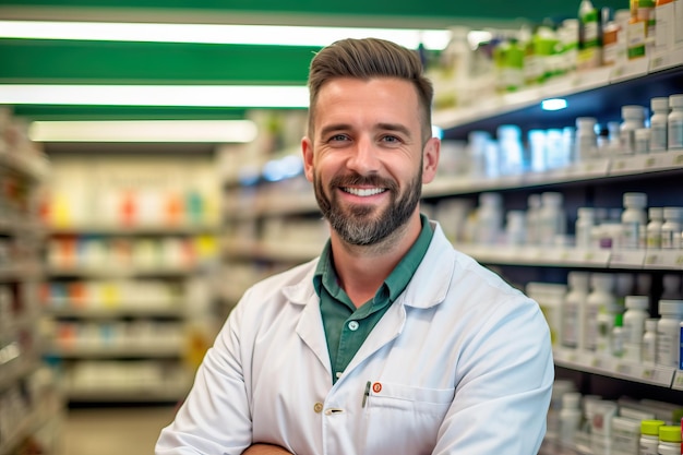 Un hombre en una farmacia con los brazos cruzados.