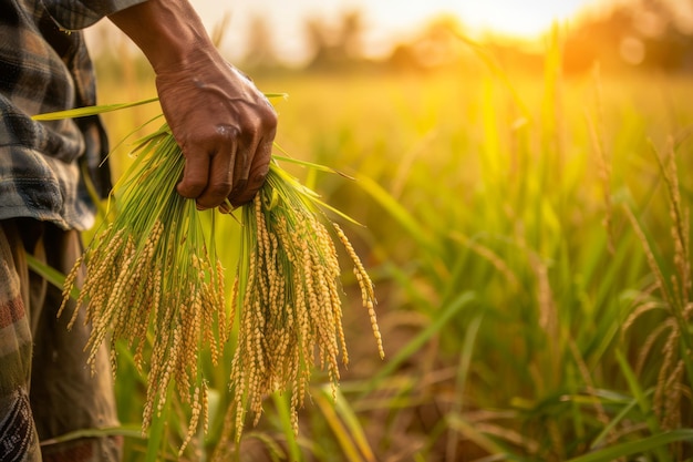 Foto hombre con un fecho de trigo en el campo