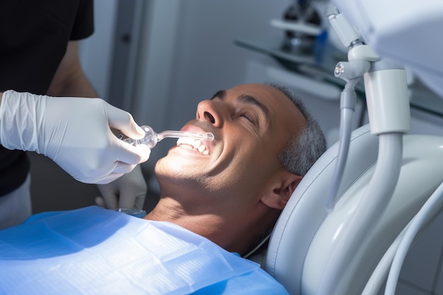 Un hombre va feliz al dentista para un chequeo dental en la clínica
