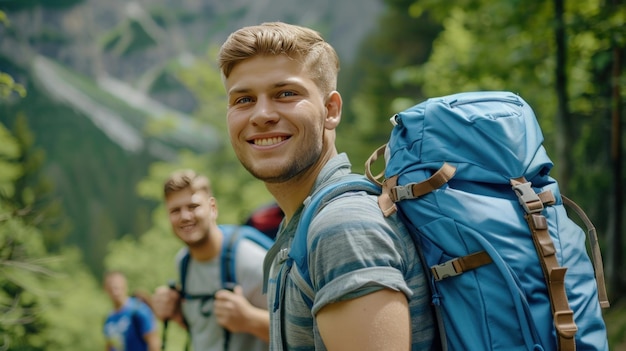 Hombre feliz con amigos con mochila para hacer senderismo, viajes de montaña o visitas turísticas