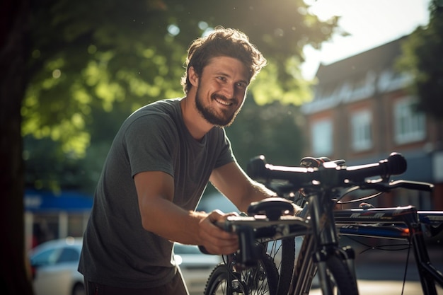 Hombre feliz arreglando una bicicleta en un soporte de bicicletas con IA generativa