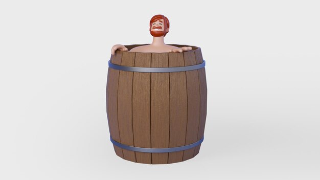 hombre feliz en un barril de madera 3d render